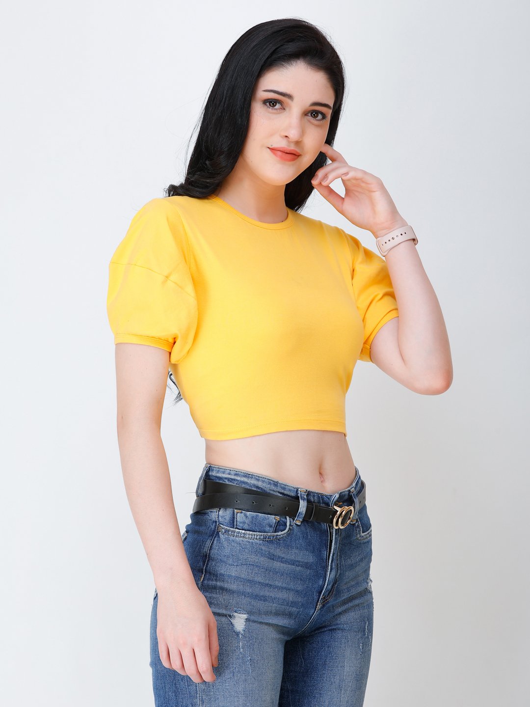 SCORPIUS yellow puff sleeve crop top