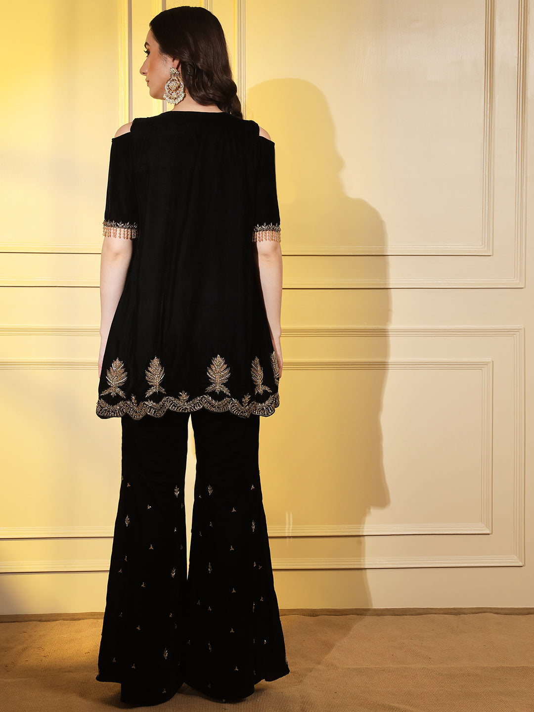 Glamorous Black Velvet Kurta Set with Gold Hand Embroidery | Hues of India