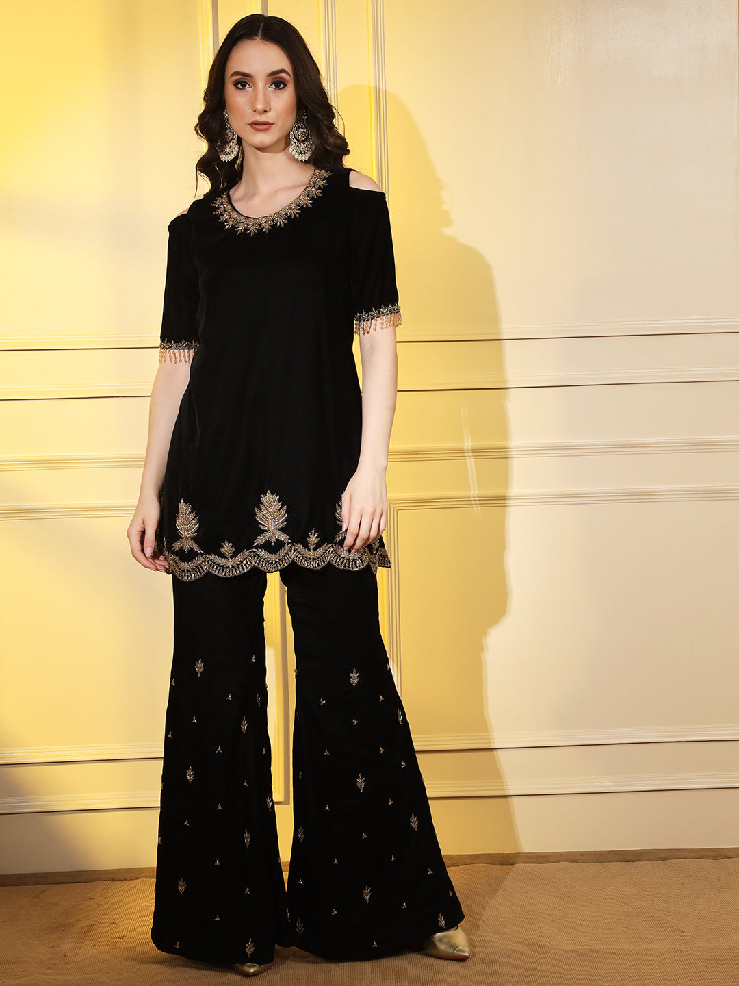 Glamorous Black Velvet Kurta Set with Gold Hand Embroidery | Hues of India