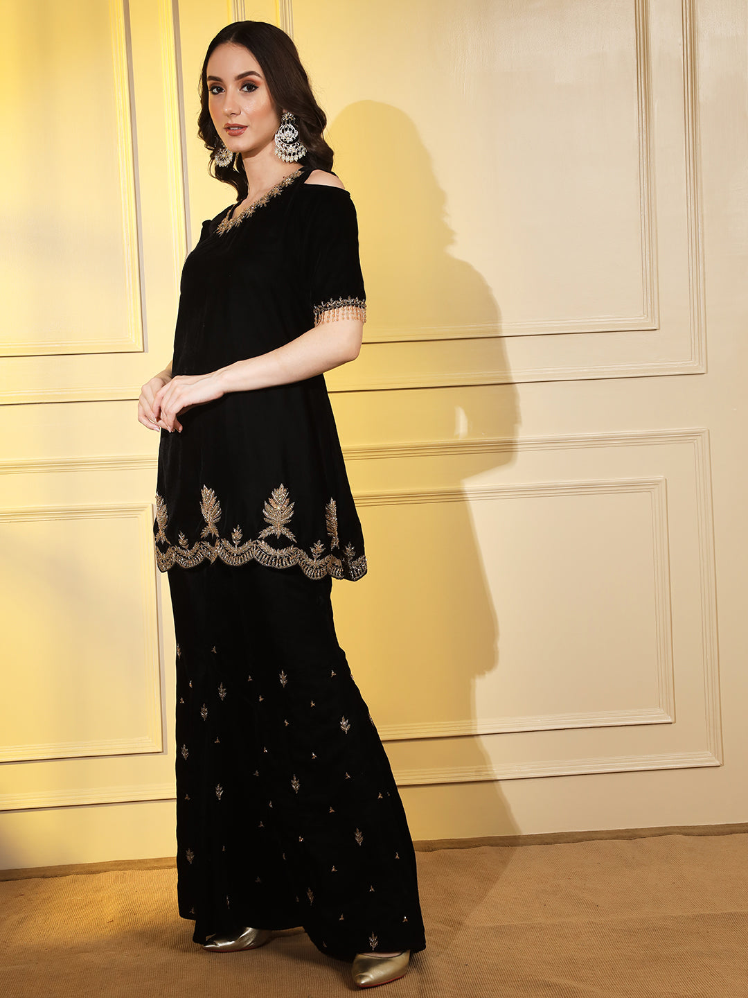 Glamorous Black Velvet Kurta Set with Gold Hand Embroidery | Hues of India