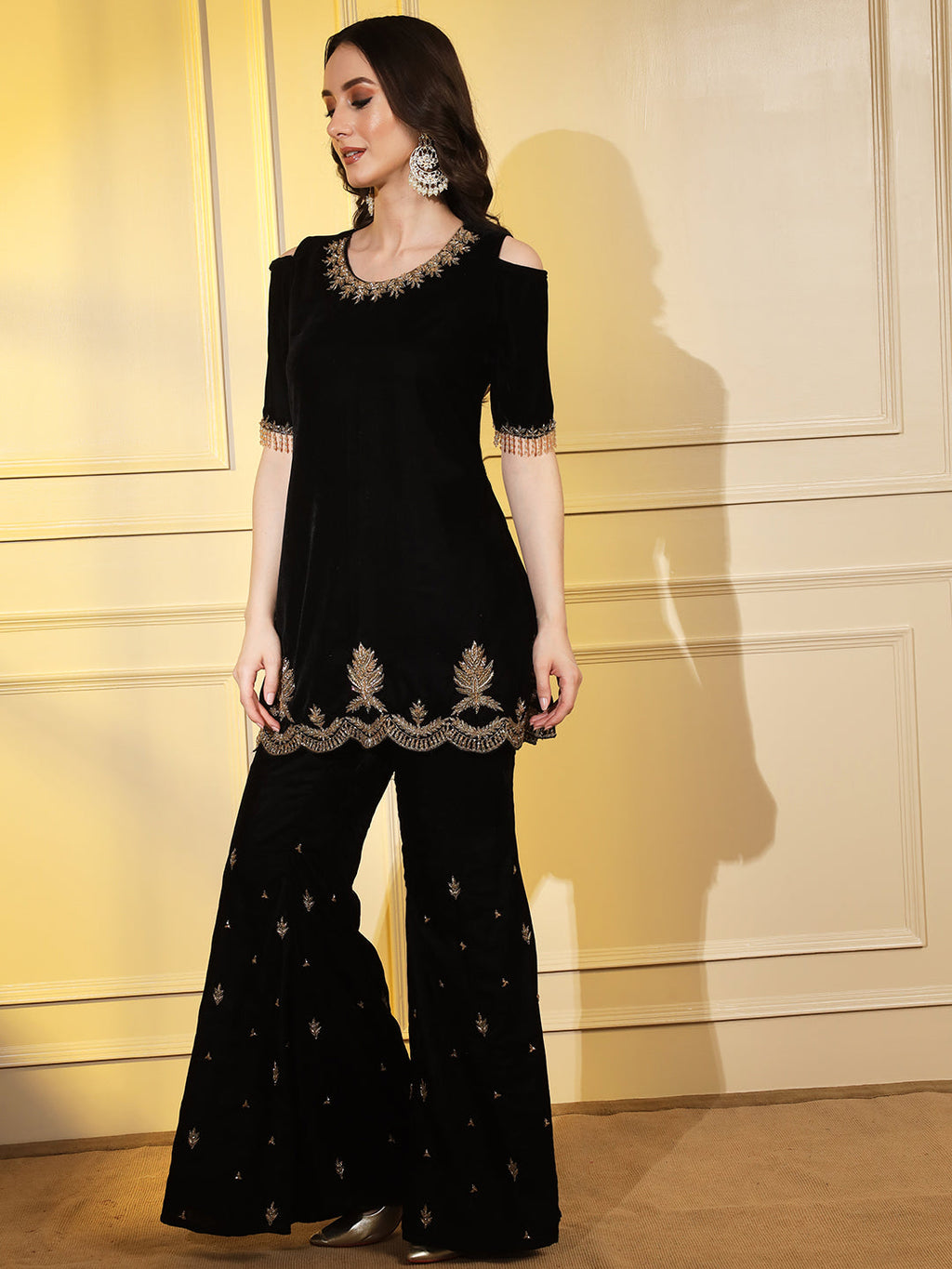 Glamorous Black Velvet Kurta Set with Gold Hand Embroidery | Hues of India