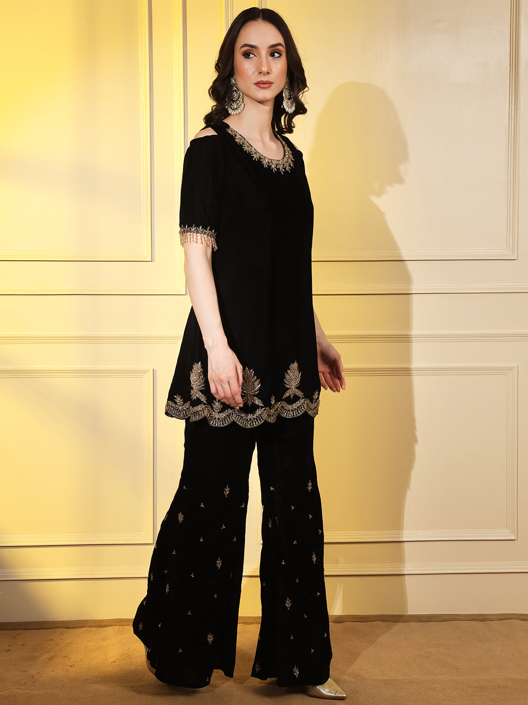 Glamorous Black Velvet Kurta Set with Gold Hand Embroidery | Hues of India