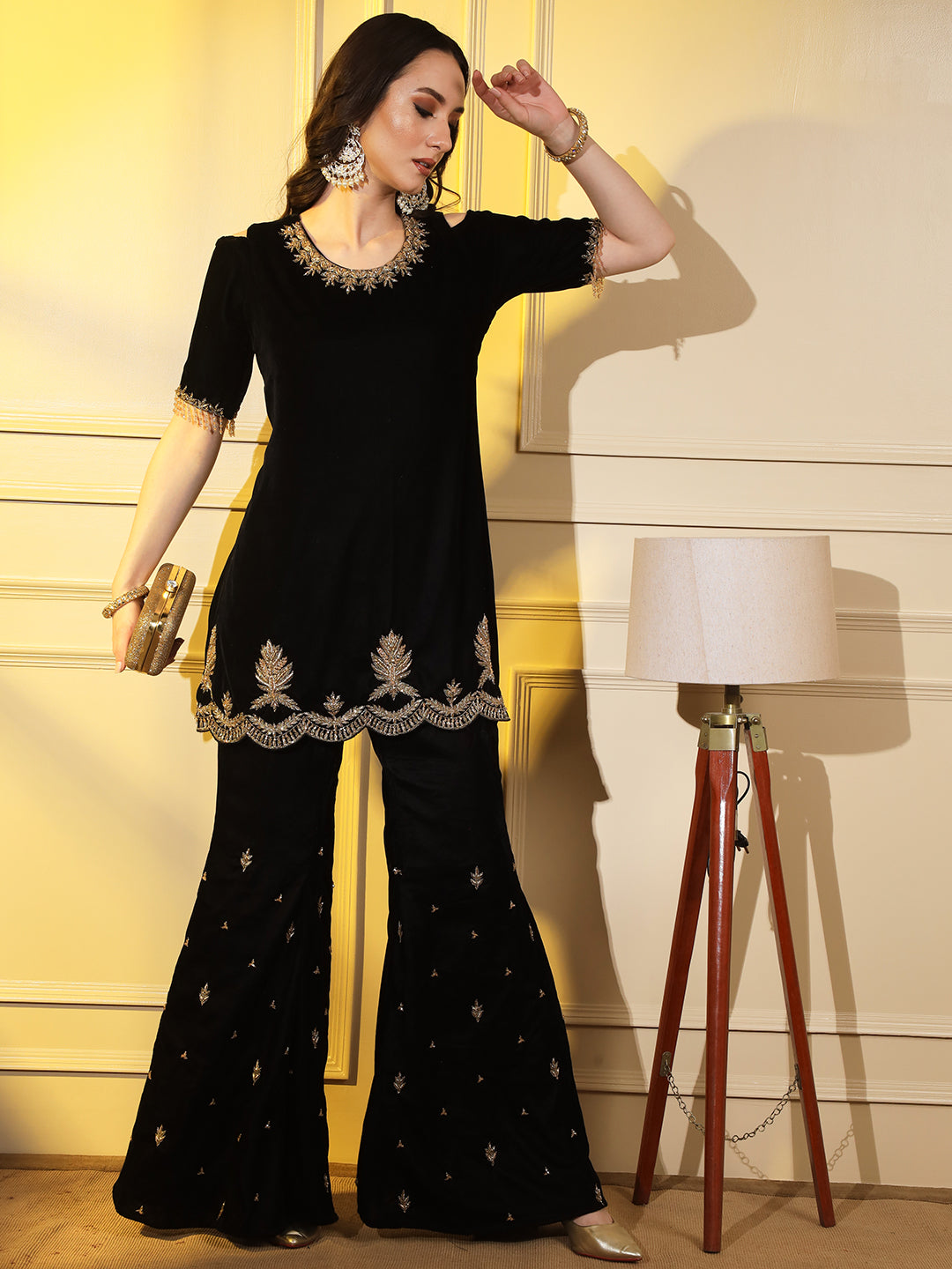 Glamorous Black Velvet Kurta Set with Gold Hand Embroidery | Hues of India
