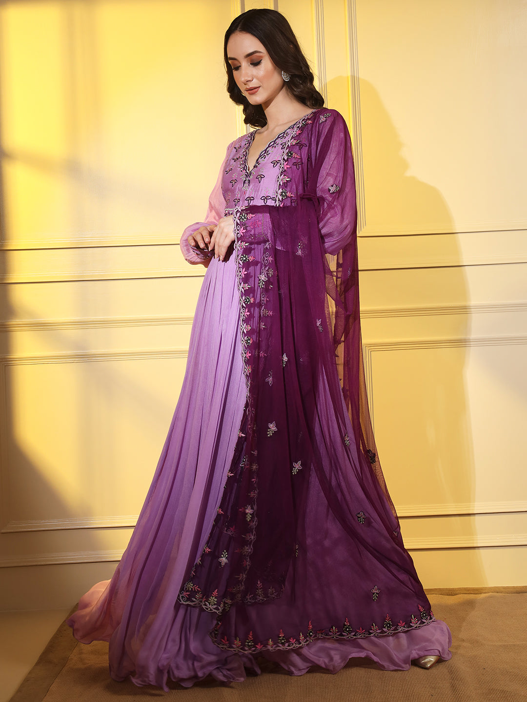 Elegant Mauve Embroidered Anarkali with Matching Embroidered Dupatta | Hues of India