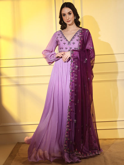 Elegant Mauve Embroidered Anarkali with Matching Embroidered Dupatta | Hues of India