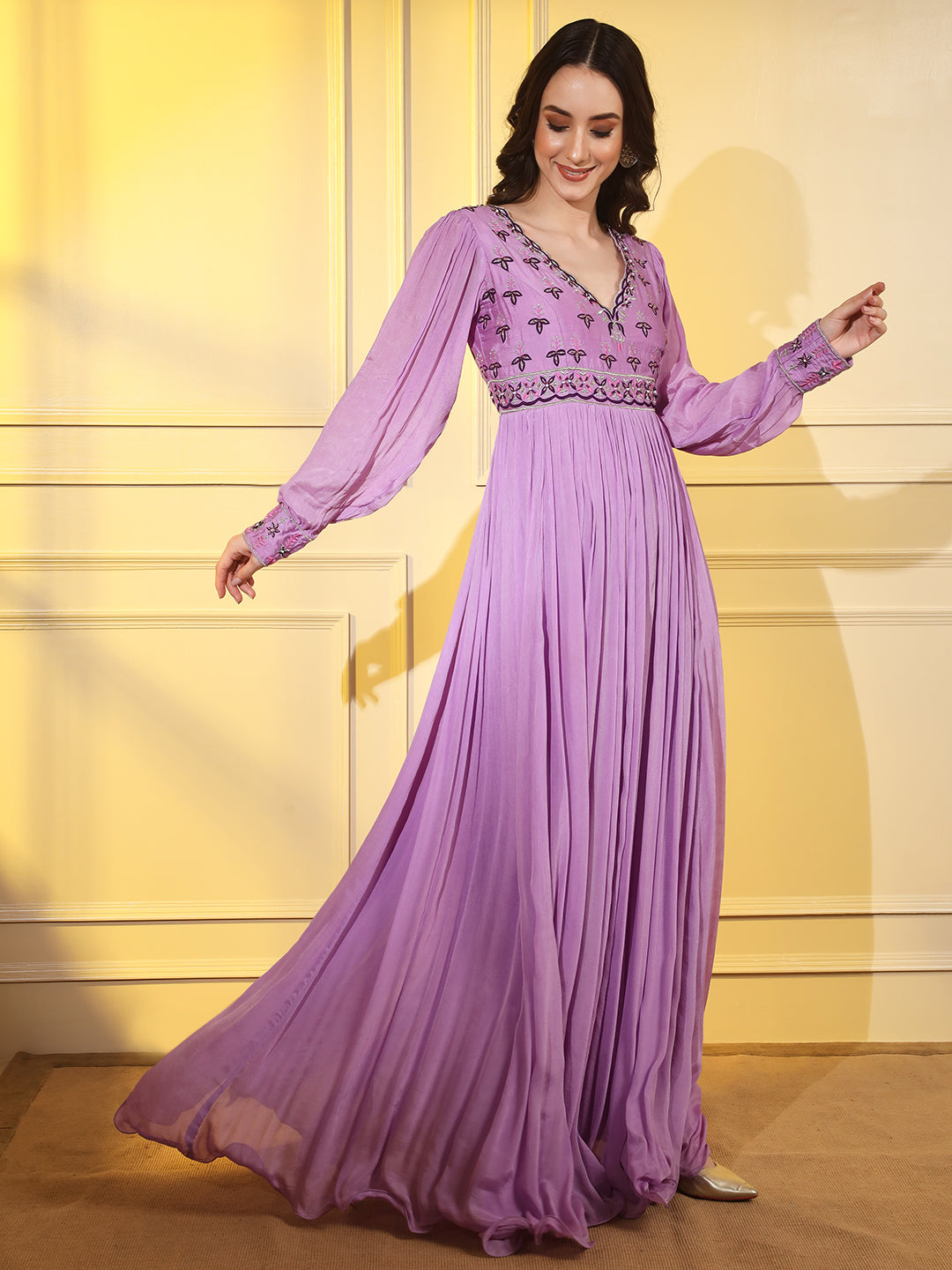 Elegant Mauve Embroidered Anarkali with Matching Embroidered Dupatta | Hues of India