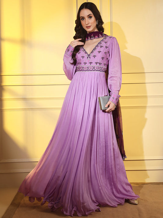 Elegant Mauve Embroidered Anarkali with Matching Embroidered Dupatta | Hues of India