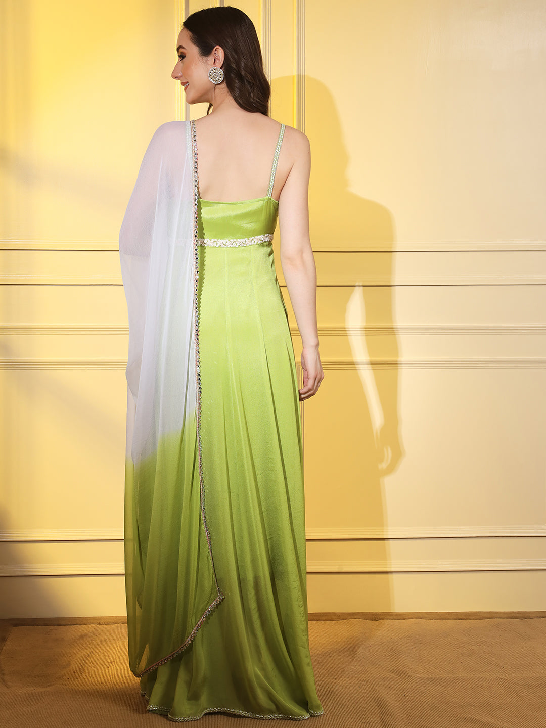 Effortlessly Elegant: Lime Green Ankle-Length Dress Set with Dupatta | Hues of India