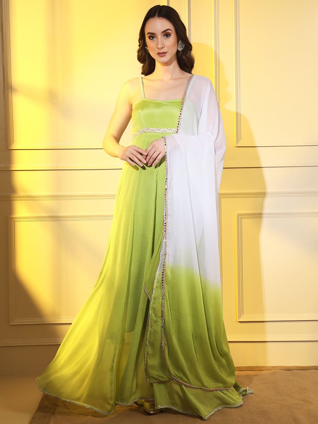 Effortlessly Elegant: Lime Green Ankle-Length Dress Set with Dupatta | Hues of India