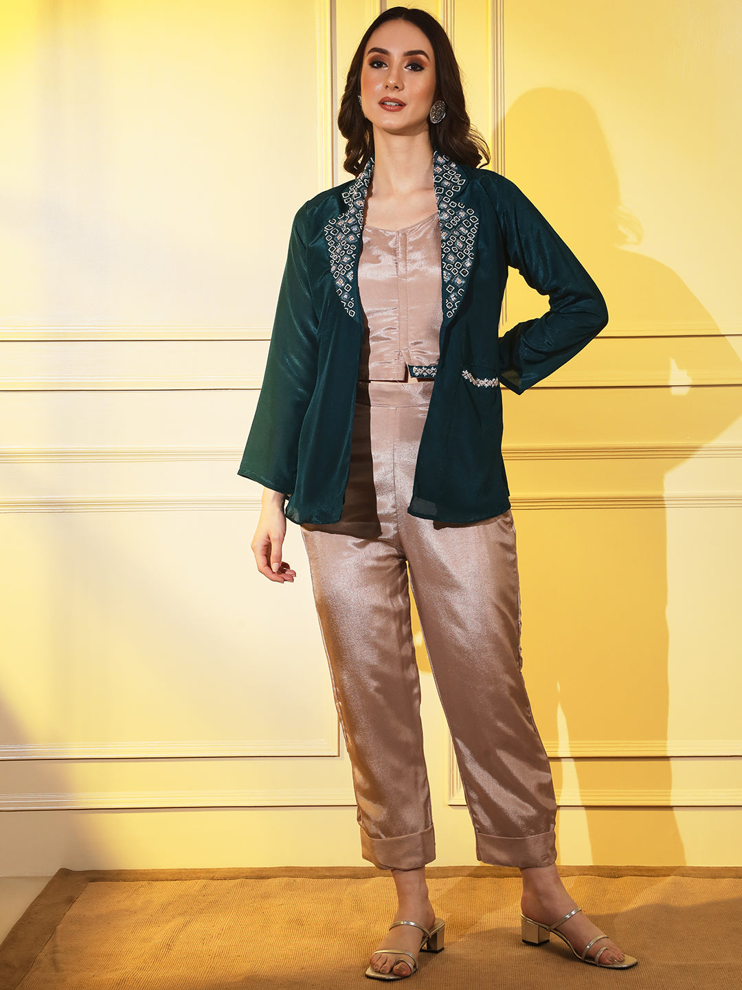 Women's Designer Sea Green 3 Piece Set with Embroidered Blazer | Hues of India