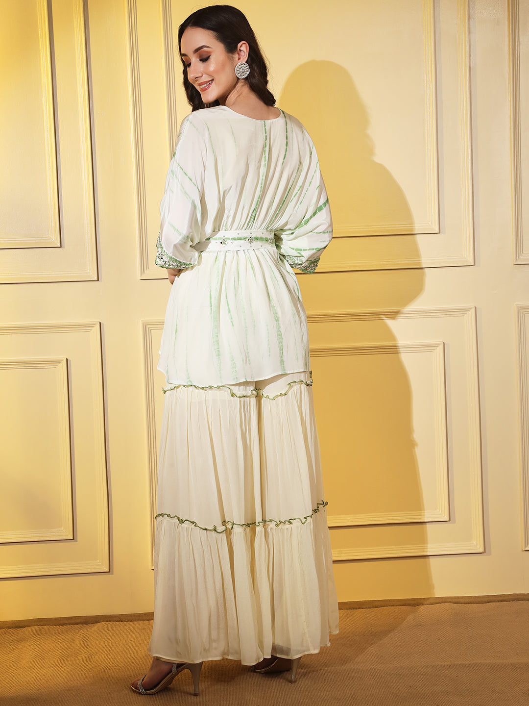 Ethnic Elegance: Off White and Green Indowestern Coord Set with Intricate Embroidery | Hues of India