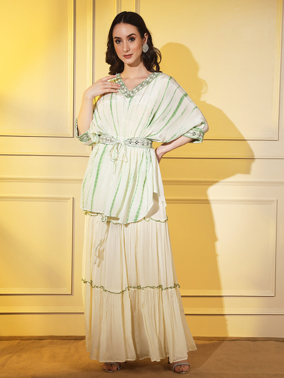Ethnic Elegance: Off White and Green Indowestern Coord Set with Intricate Embroidery | Hues of India