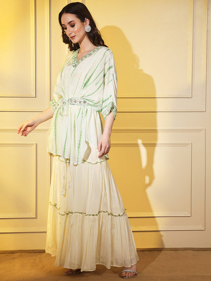 Ethnic Elegance: Off White and Green Indowestern Coord Set with Intricate Embroidery | Hues of India