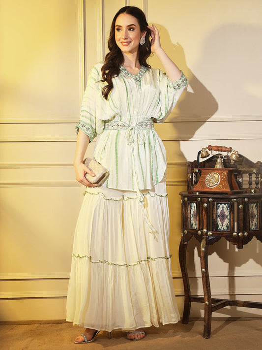 Ethnic Elegance: Off White and Green Indowestern Coord Set with Intricate Embroidery | Hues of India