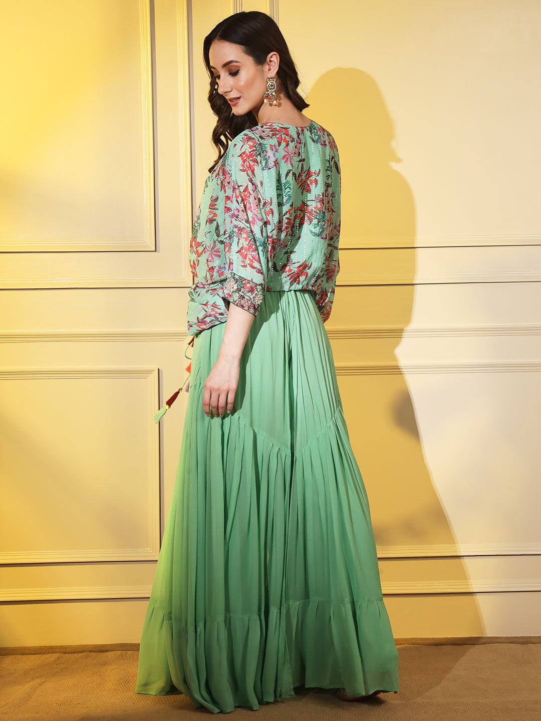 Bloom with Elegance: Green Floral Designer Indowestern Co-ord Set with Handwork Embroidery | Hues of India