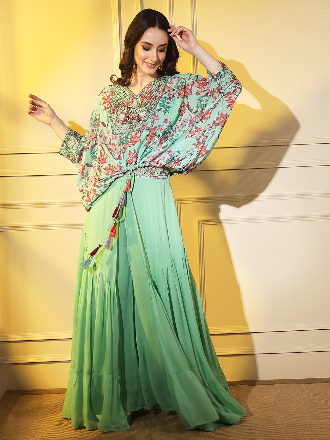 Bloom with Elegance: Green Floral Designer Indowestern Co-ord Set with Handwork Embroidery | Hues of India