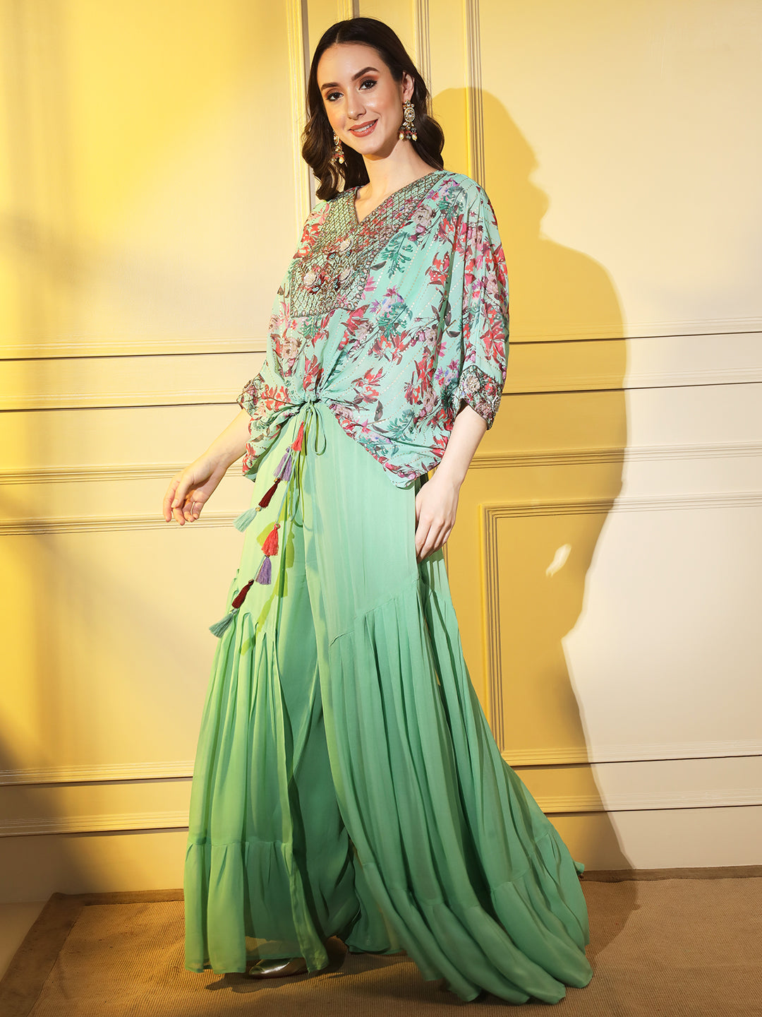 Bloom with Elegance: Green Floral Designer Indowestern Co-ord Set with Handwork Embroidery | Hues of India