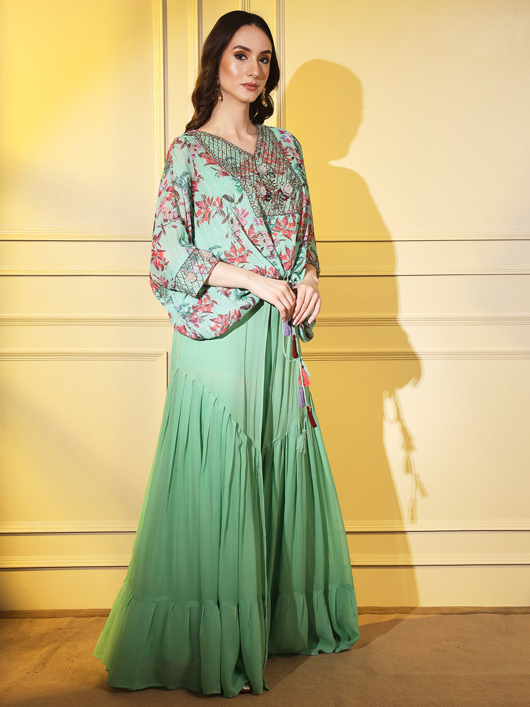 Bloom with Elegance: Green Floral Designer Indowestern Co-ord Set with Handwork Embroidery | Hues of India