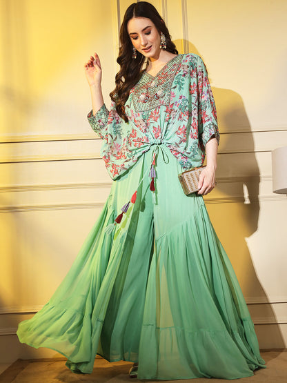 Bloom with Elegance: Green Floral Designer Indowestern Co-ord Set with Handwork Embroidery | Hues of India