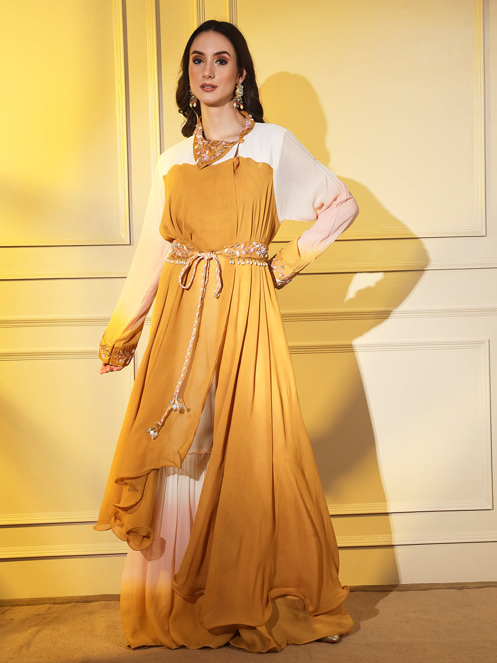 Sunshine Style: Women's Designer 3-Piece Yellow and White Set with Wrap Around Jacket and Embroidered Belt | Hues of India