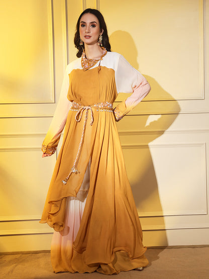 Sunshine Style: Women's Designer 3-Piece Yellow and White Set with Wrap Around Jacket and Embroidered Belt | Hues of India