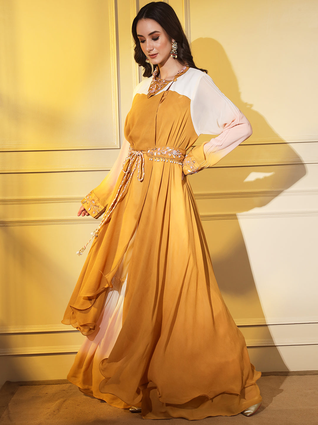 Sunshine Style: Women's Designer 3-Piece Yellow and White Set with Wrap Around Jacket and Embroidered Belt | Hues of India
