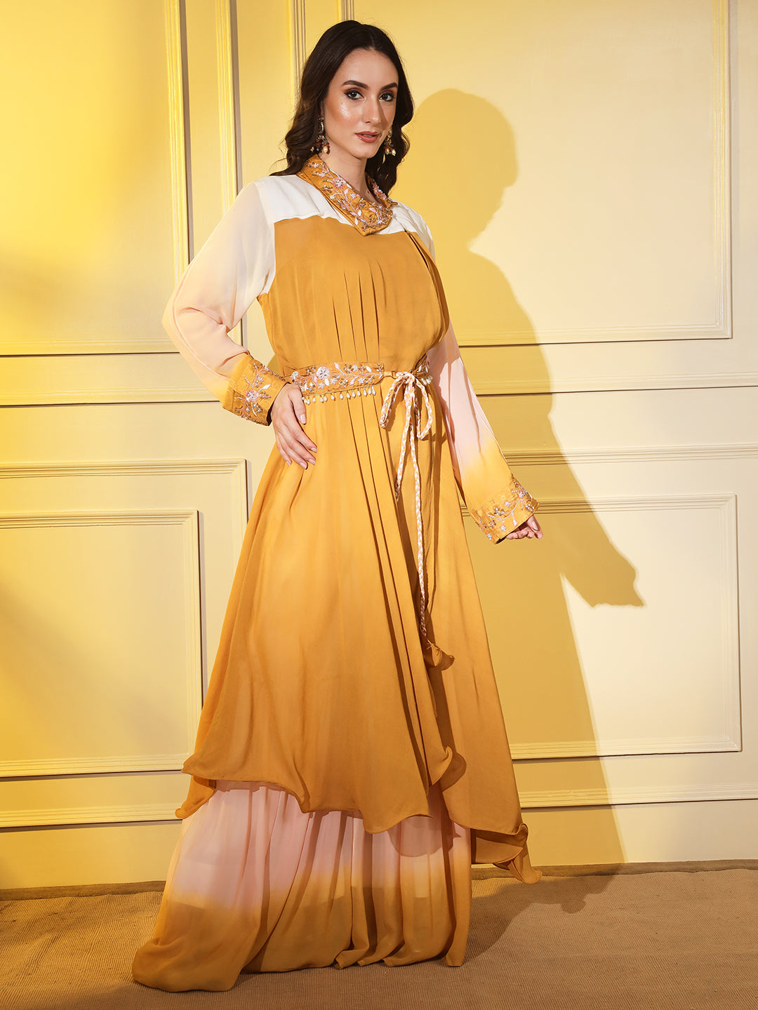 Sunshine Style: Women's Designer 3-Piece Yellow and White Set with Wrap Around Jacket and Embroidered Belt | Hues of India