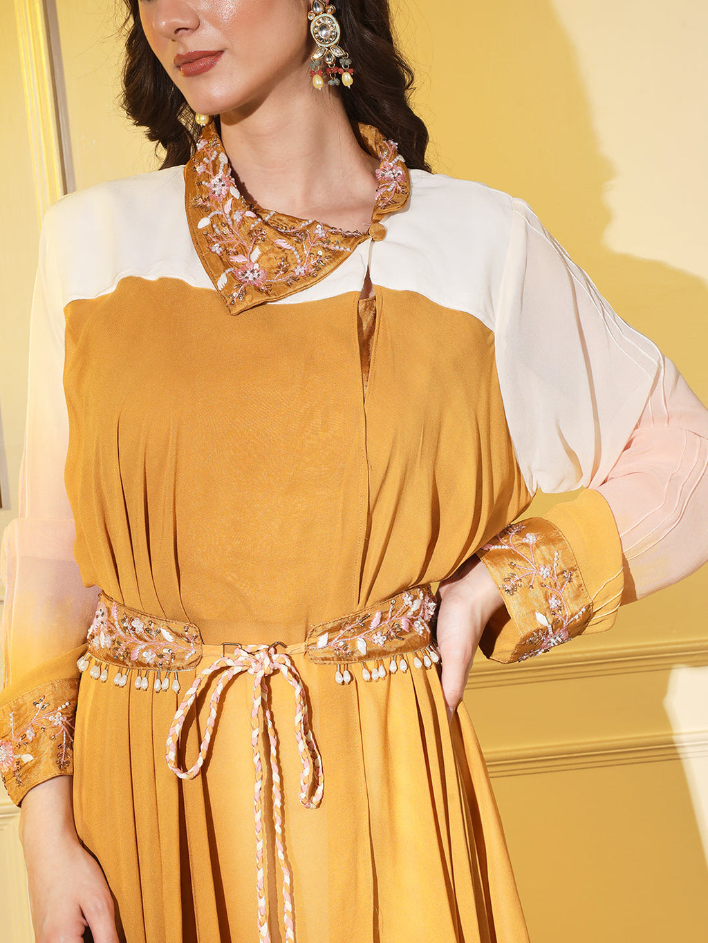 Sunshine Style: Women's Designer 3-Piece Yellow and White Set with Wrap Around Jacket and Embroidered Belt | Hues of India