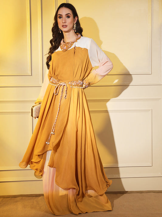 Sunshine Style: Women's Designer 3-Piece Yellow and White Set with Wrap Around Jacket and Embroidered Belt | Hues of India