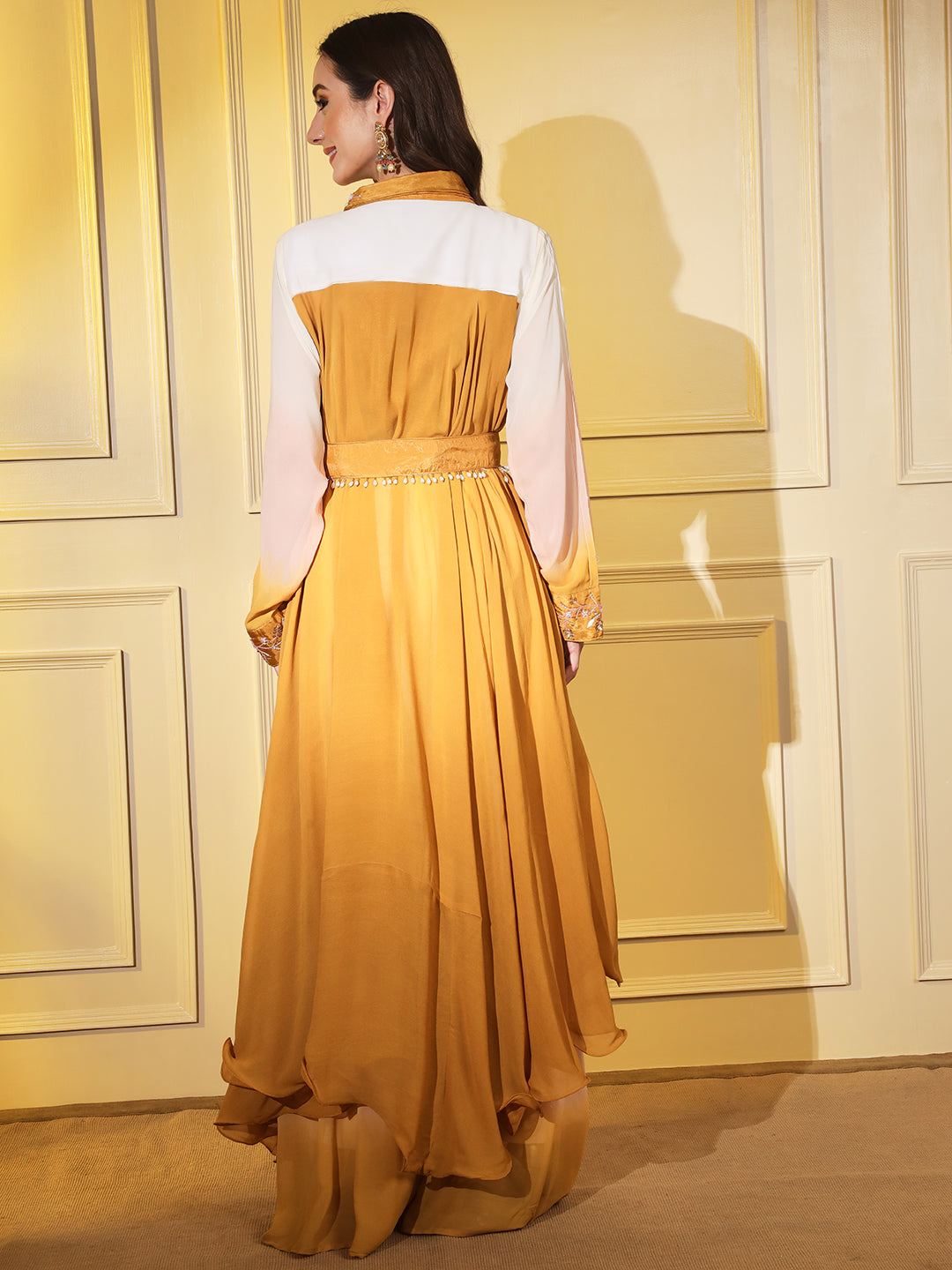Sunshine Style: Women's Designer 3-Piece Yellow and White Set with Wrap Around Jacket and Embroidered Belt | Hues of India