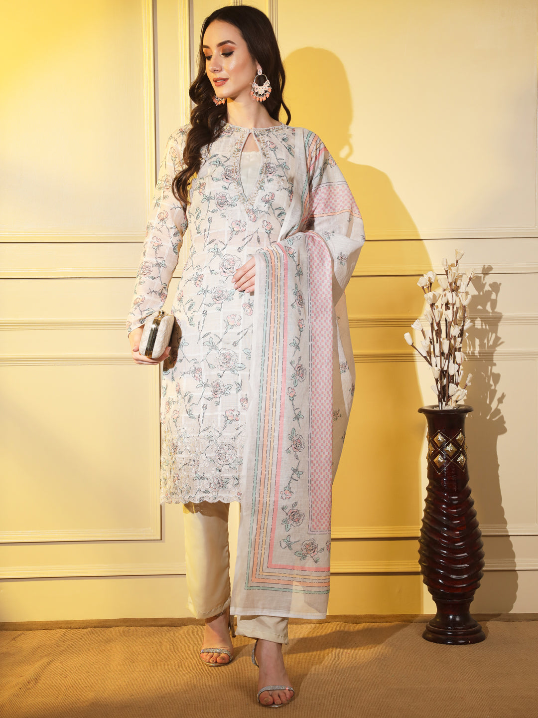 Elegant Grey Suit Set with Hand Embroidery and Complementing Dupatta | Hues of India