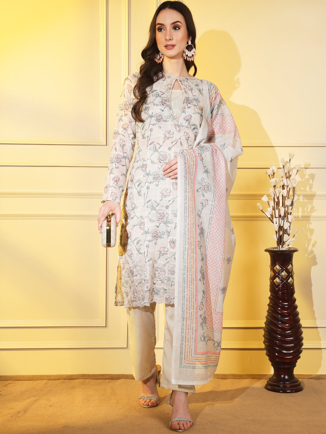 Elegant Grey Suit Set with Hand Embroidery and Complementing Dupatta | Hues of India