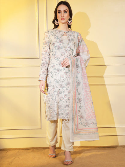 Elegant Grey Suit Set with Hand Embroidery and Complementing Dupatta | Hues of India