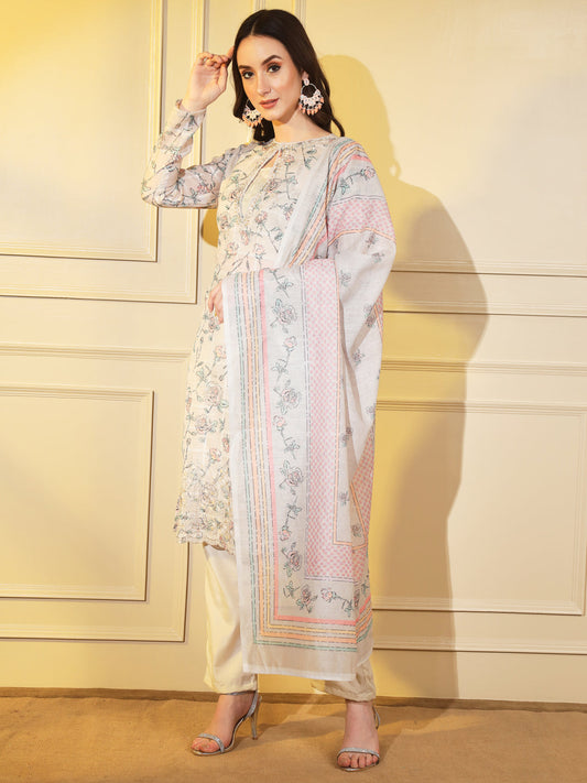 Elegant Grey Suit Set with Hand Embroidery and Complementing Dupatta | Hues of India