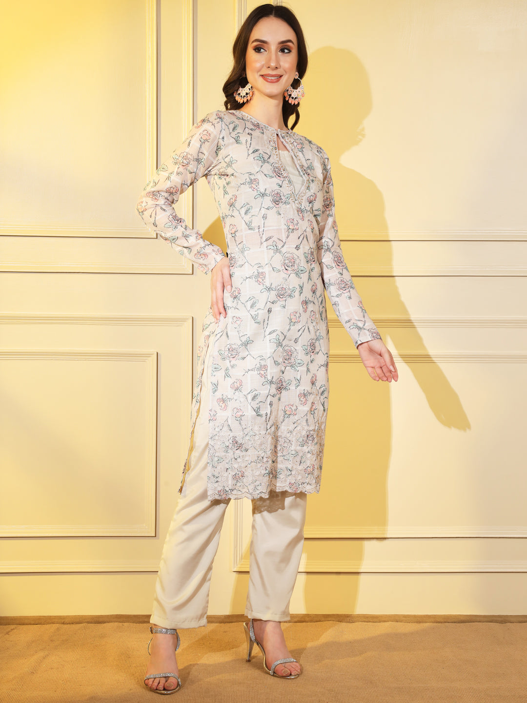 Elegant Grey Suit Set with Hand Embroidery and Complementing Dupatta | Hues of India