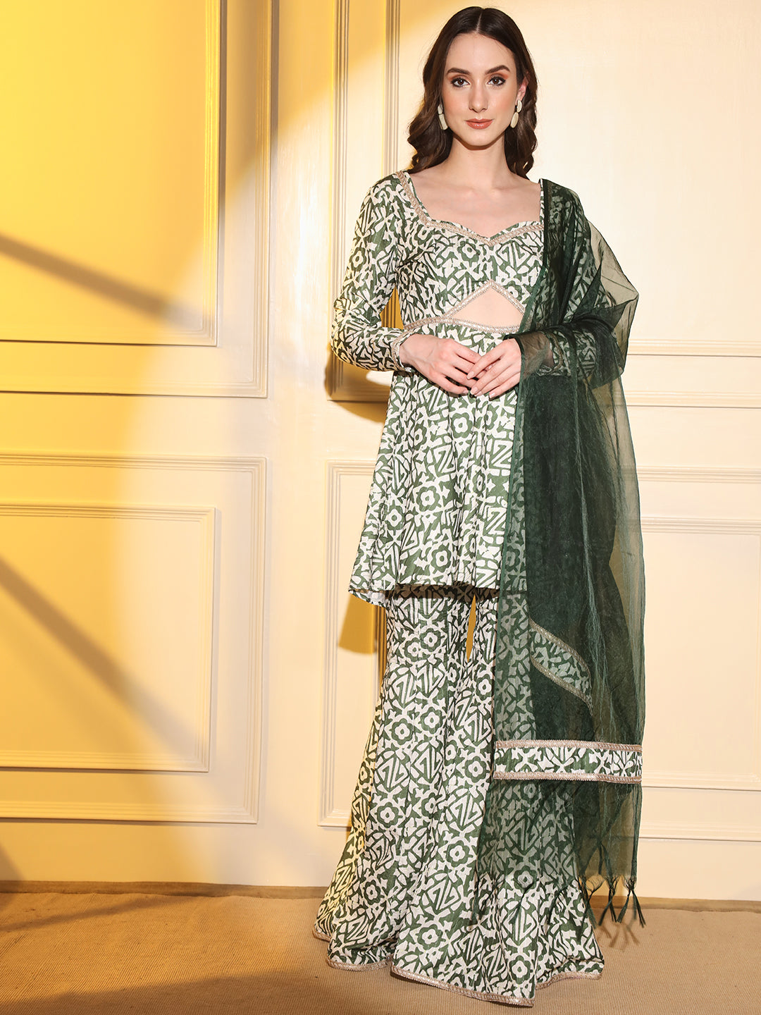 Elevate Your Ethnic Style: Teal Muslin Sharara Suit Set | Hues of India