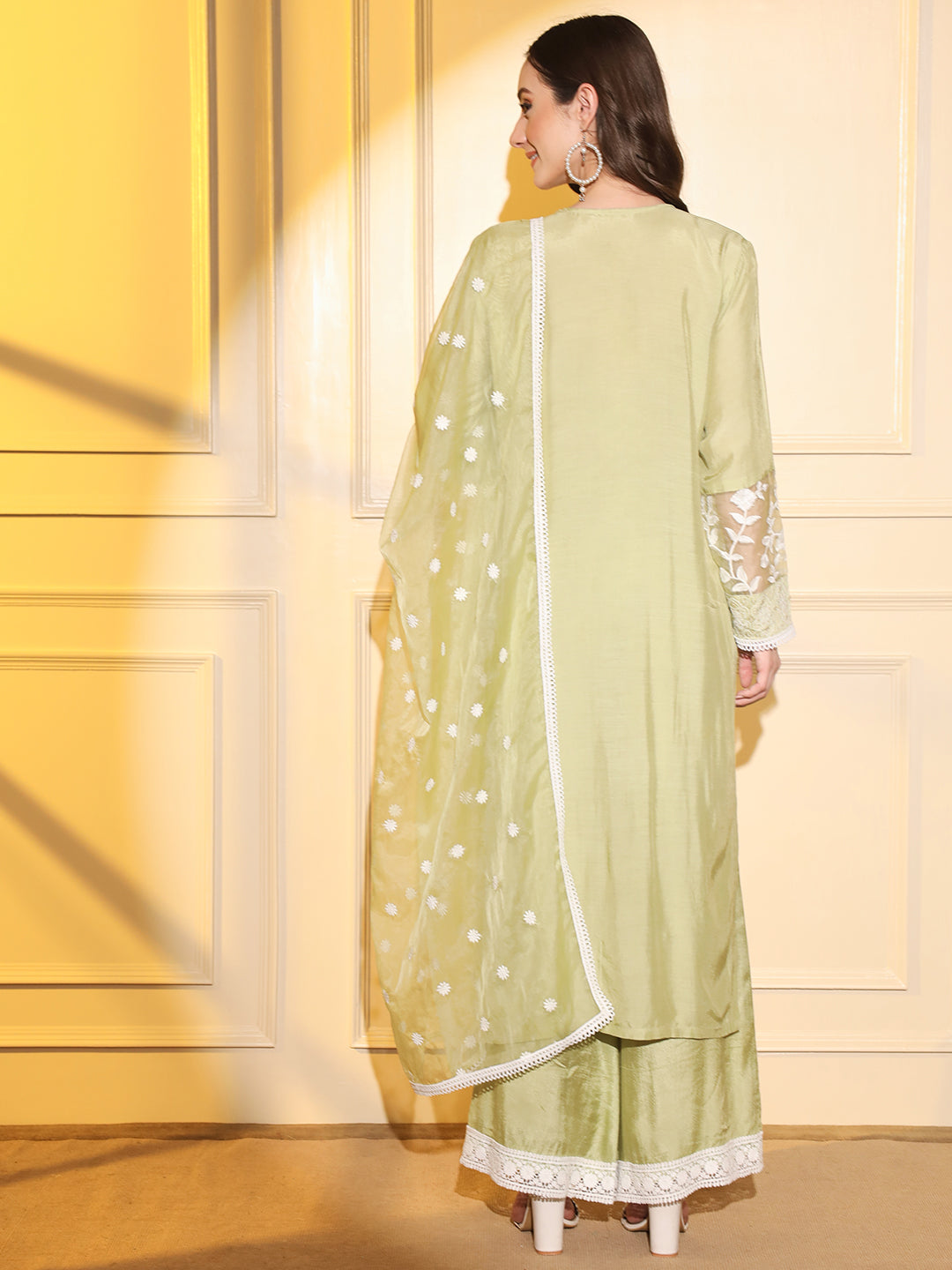 Chic and Elegant: Green Suit Set with White Embroidery and Complementing Dupatta | Hues of India