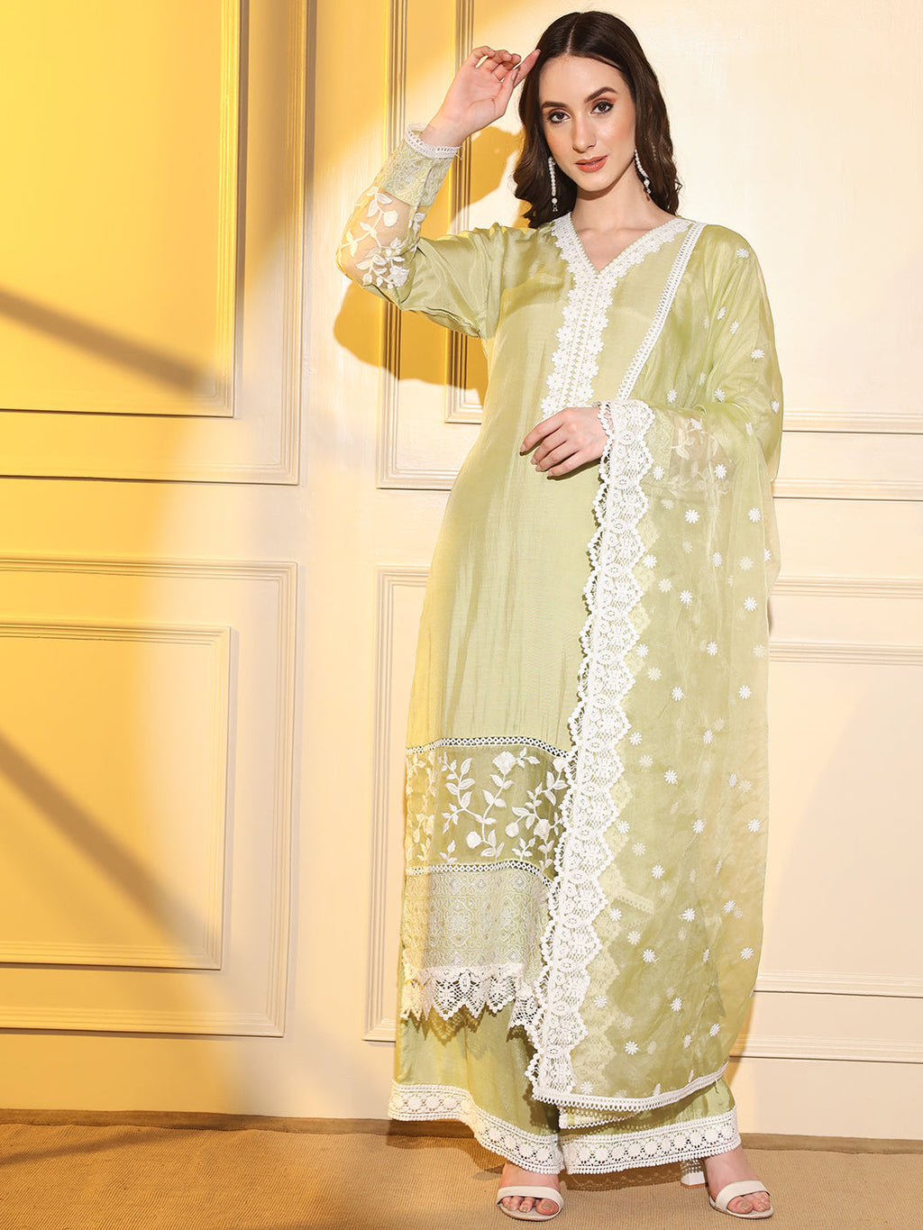 Chic and Elegant: Green Suit Set with White Embroidery and Complementing Dupatta | Hues of India