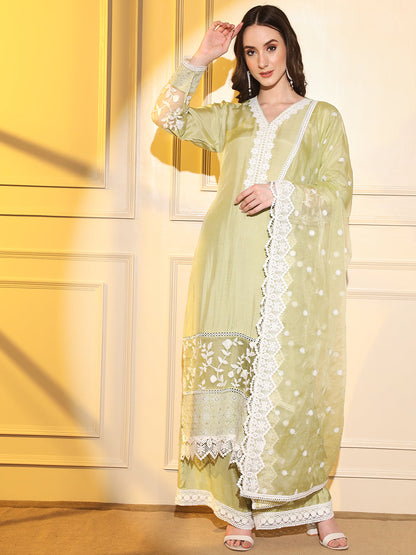 Chic and Elegant: Green Suit Set with White Embroidery and Complementing Dupatta | Hues of India