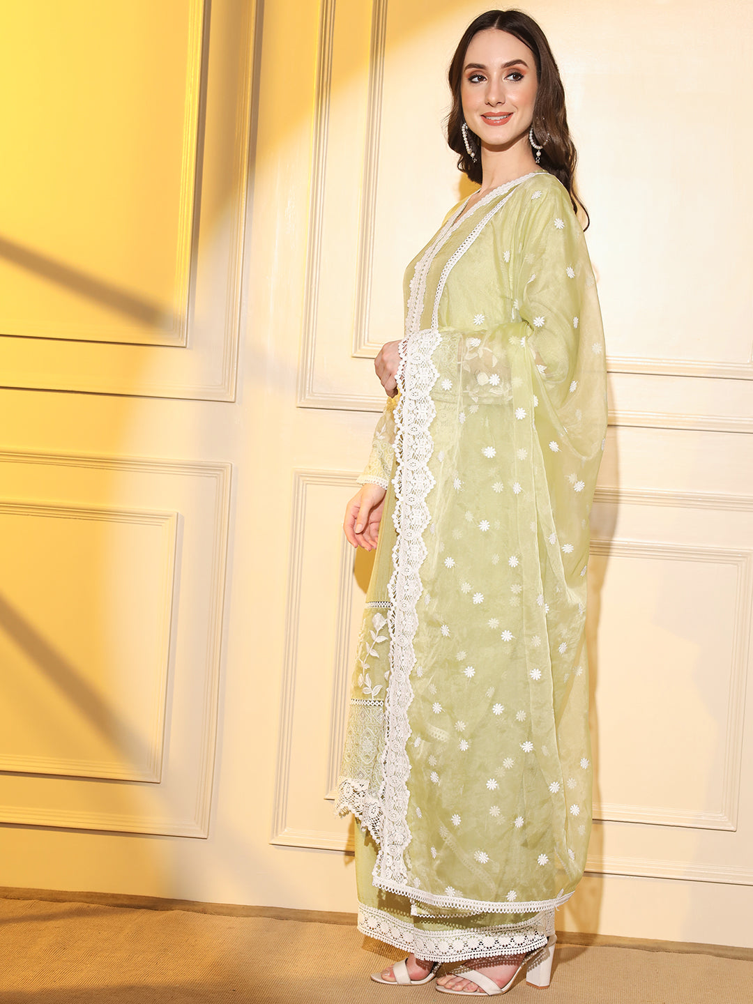 Chic and Elegant: Green Suit Set with White Embroidery and Complementing Dupatta | Hues of India