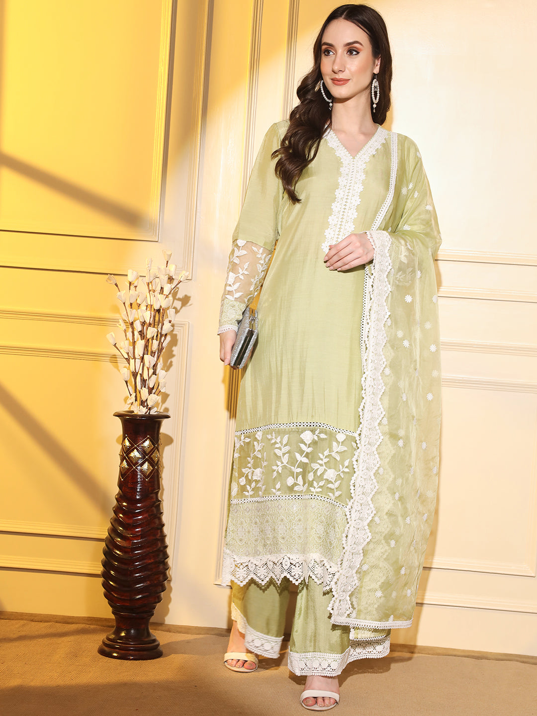 Chic and Elegant: Green Suit Set with White Embroidery and Complementing Dupatta | Hues of India