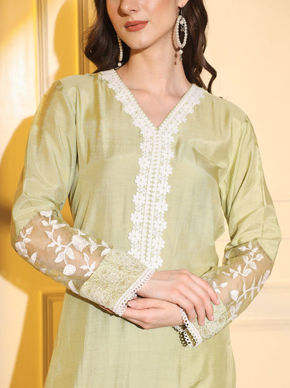 Chic and Elegant: Green Suit Set with White Embroidery and Complementing Dupatta | Hues of India