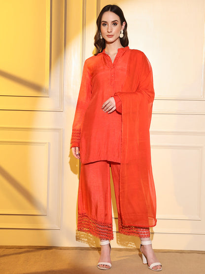 Ethnic Elegance: Rust Silk 3-Piece Suit Set | Hues of India
