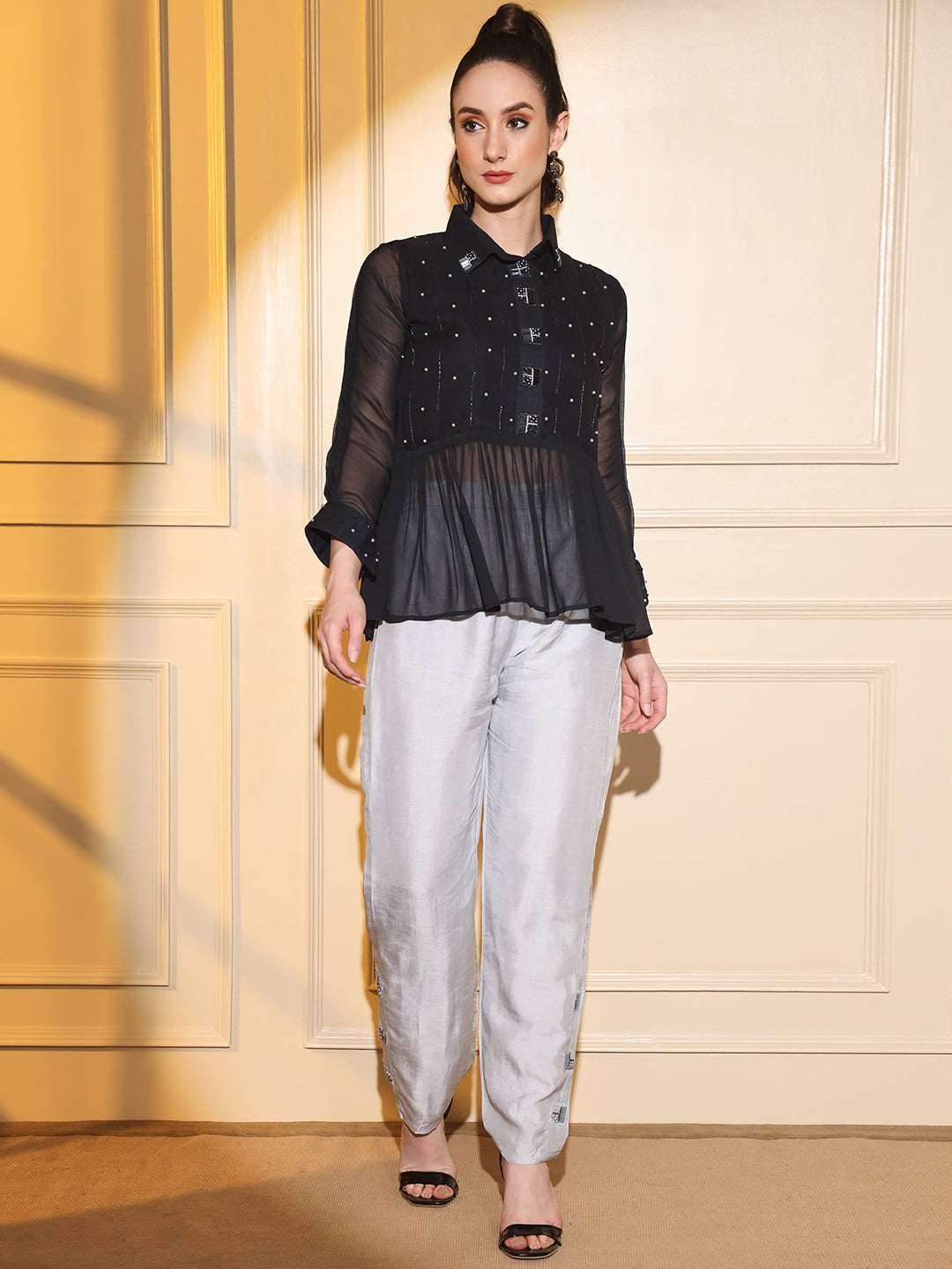 Chic and Sophisticated: Embroidered Black Peplum Shirt with Pants | Hues of India