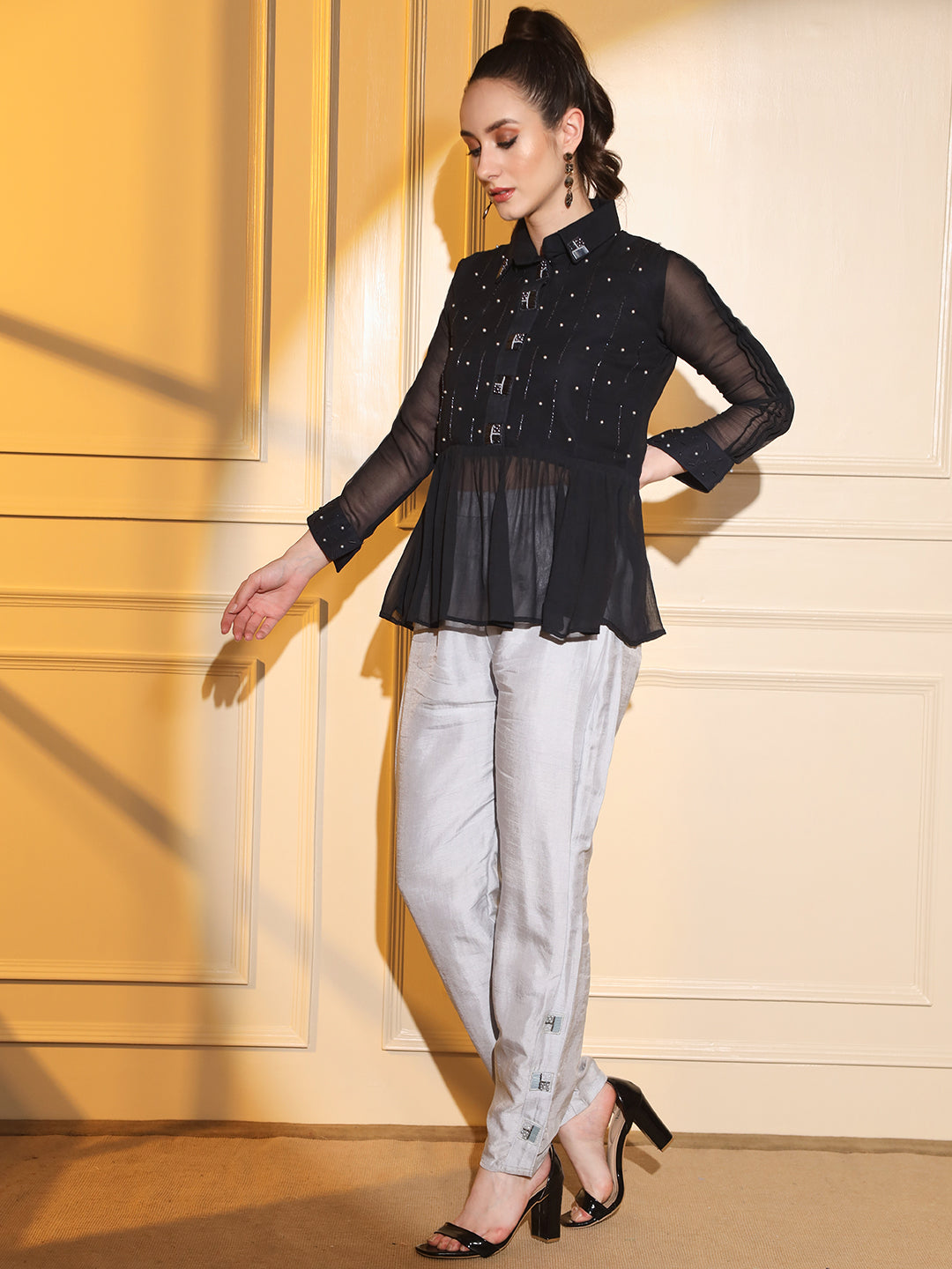 Chic and Sophisticated: Embroidered Black Peplum Shirt with Pants | Hues of India