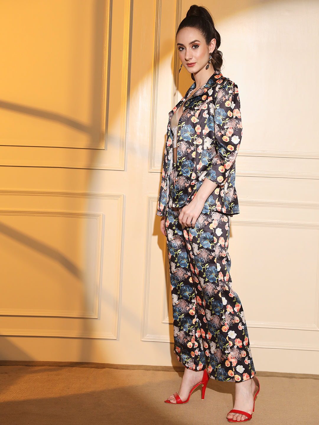 Sleek Black Satin 2-Piece Printed Coord Set for Women | Hues of India