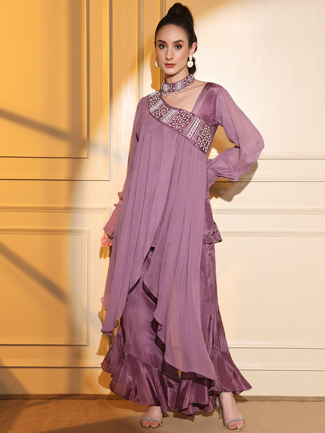 Lavender Hand-Embroidered Co-ord Set for Women | Hues of India