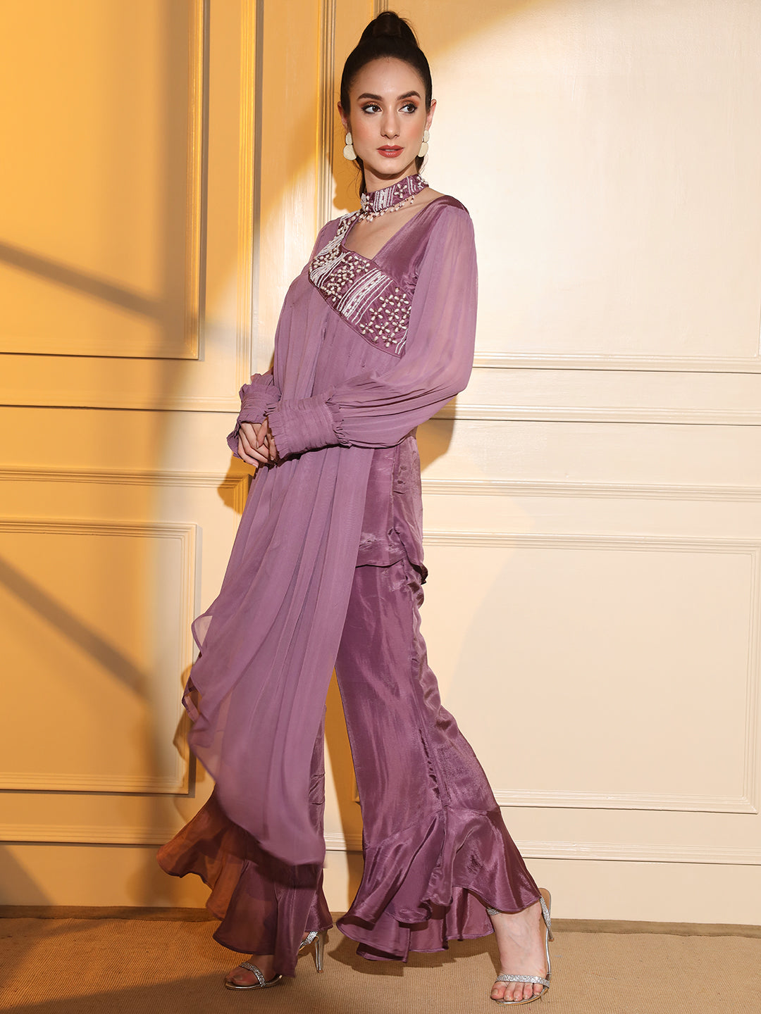 Lavender Hand-Embroidered Co-ord Set for Women | Hues of India