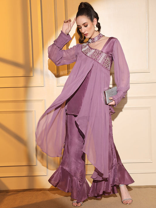 Lavender Hand-Embroidered Co-ord Set for Women | Hues of India