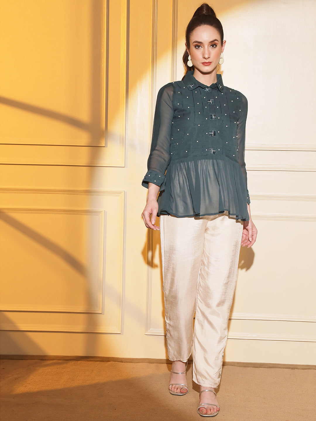 Indowestern Fusion:Embroidered Teal Green Peplum Shirt with Pants | Hues of India